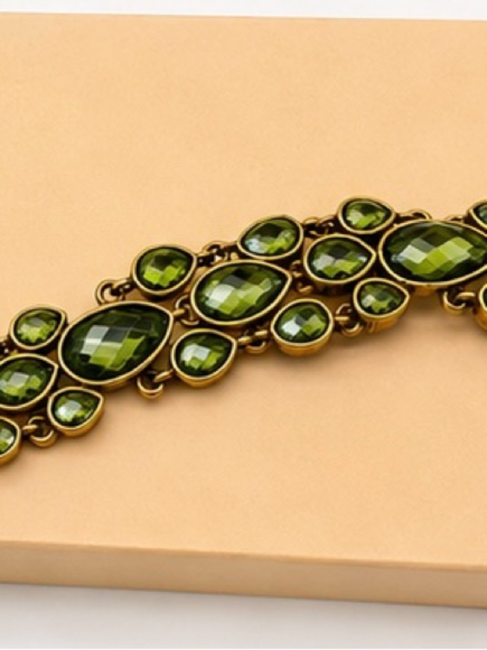 Lucky Brand Green Crystal Statement Bracelet Antique Brass Clover Boho